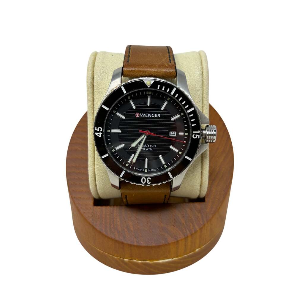Wenger Sea Force Watch Men's 43mm Black Dial Brown Leather Swiss Quartz Box